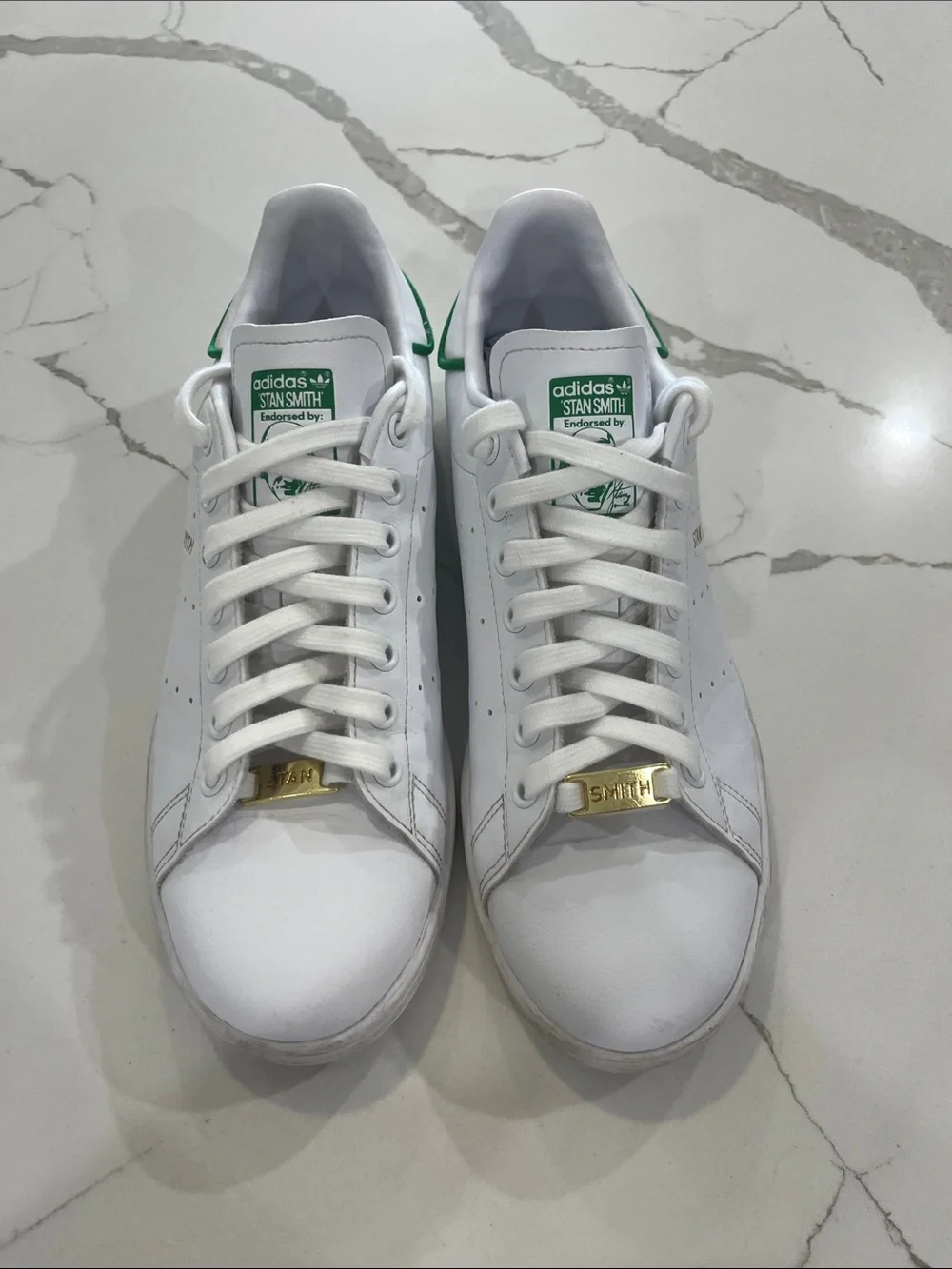 adidas White Stan Smith Sneakers with Green Heel Tab and Gold Lace Tags